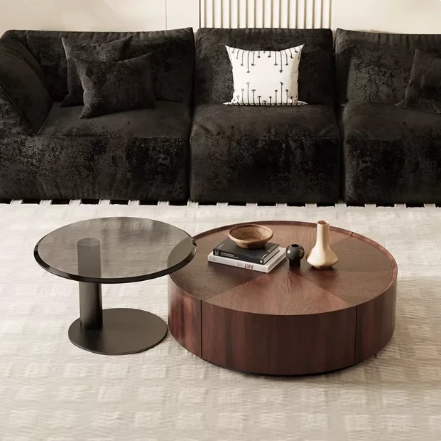 xx- Walnut Round Coffee Table Set, Minimalist Storage Center Table Combo for Small Living Room Tv Stand Modern Luxury&
