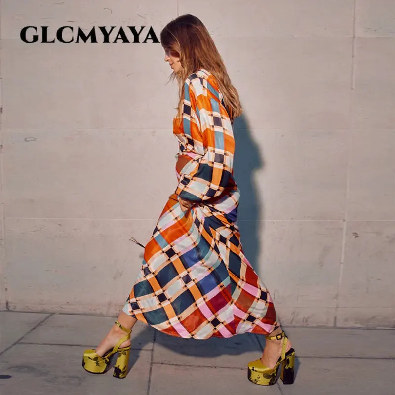 GLCMYAYA Elegante Multicolor Plaid Frauen Laterne Lange Hülse Bodycon Midi Maxi Longkleid Weibliche INS Chic Hohe Taille Party Kleider