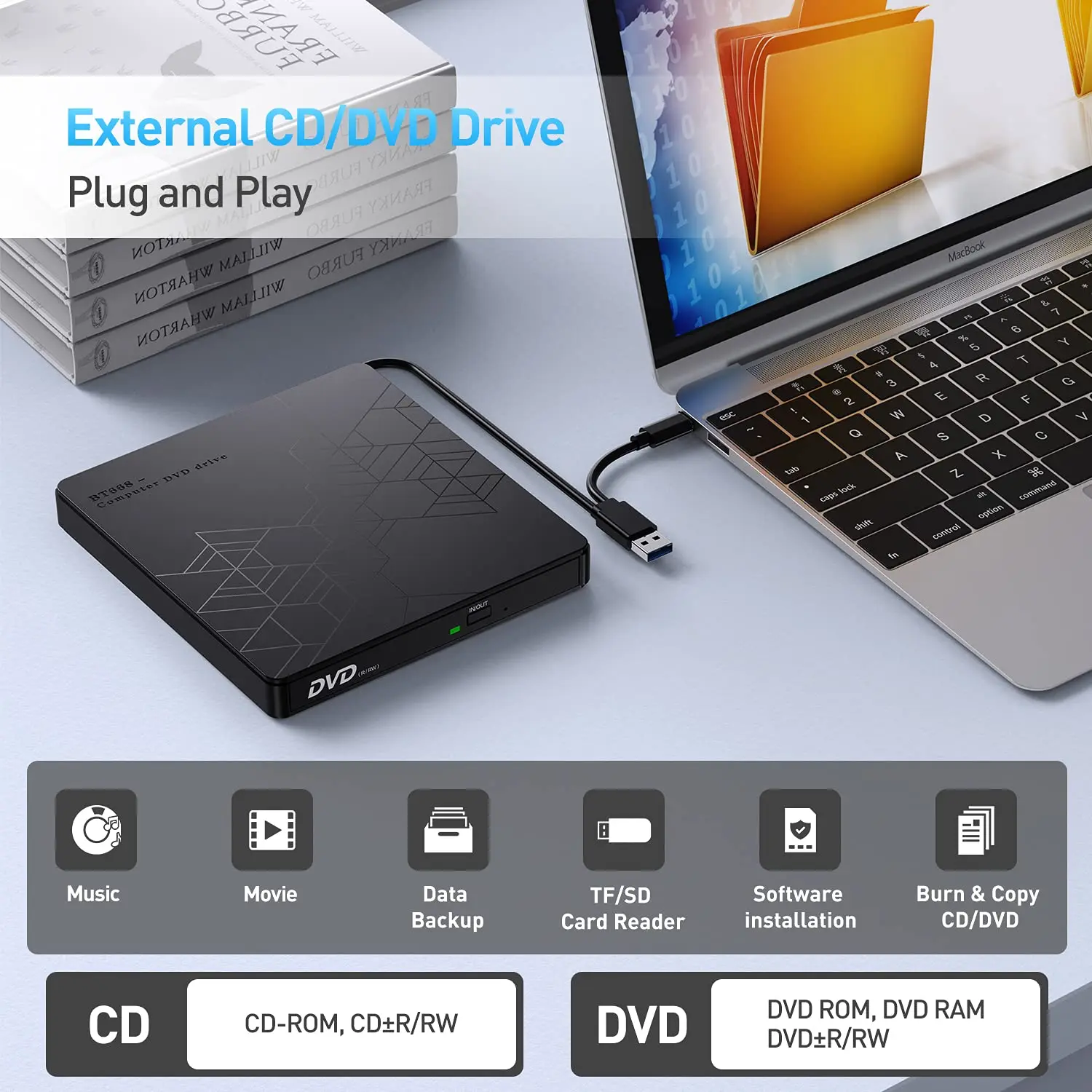 External DVD Drive USB 3.0 Type-C CD ROM +/-RW Adapter with USB Port DVD Burner for Laptop PC Computer Optical Disk Drive