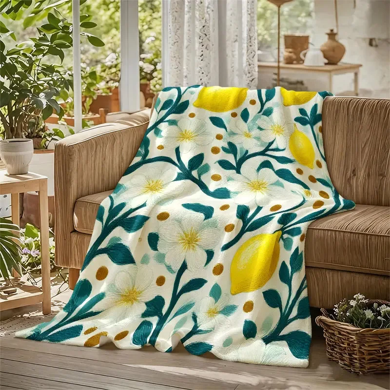 Lemon Floral Print Flannel Blanket Warm Soft Halloween Christmas Decorative Couch Warm Cozy All-Season Gift