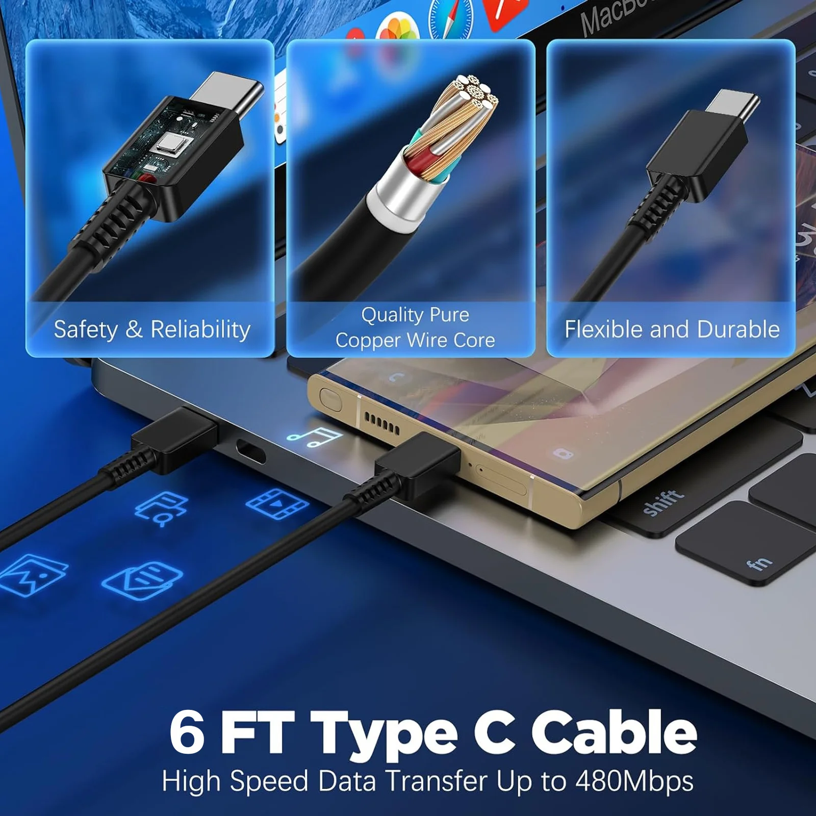 For Samsung 2024 New 15W Charger Fast Charging Cable 6.6FT Feet with USB Wall Charger Block, Dual C Port Data Cable