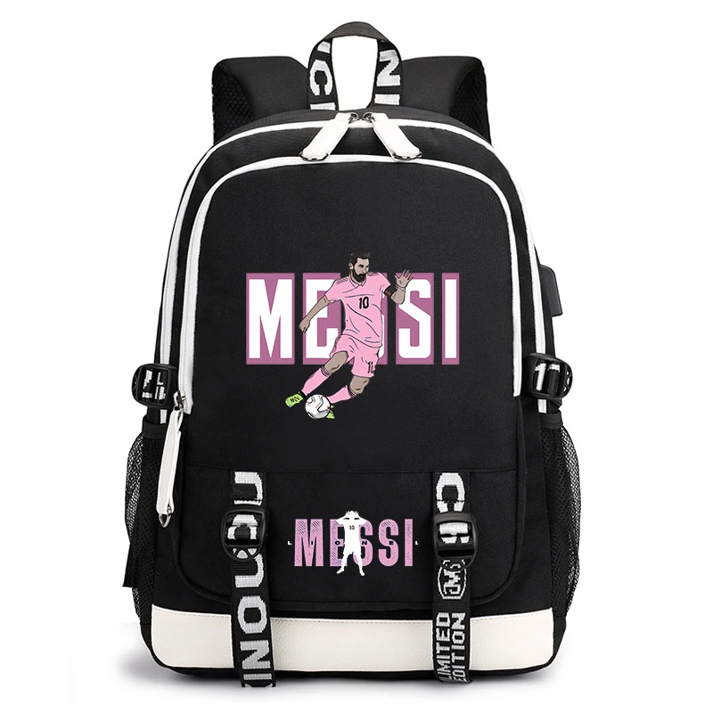 Mochila escolar con estampado de messi para estudiantes, bolsa de viaje para exteriores con usb, juvenil