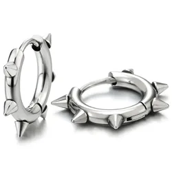 WKOUD 1 Pair Stainless Steel Spike Circle Huggie Hinged Hoop Earrings Men Women Gothic Rock Hiphop Triangle Cone Hoop Earrings