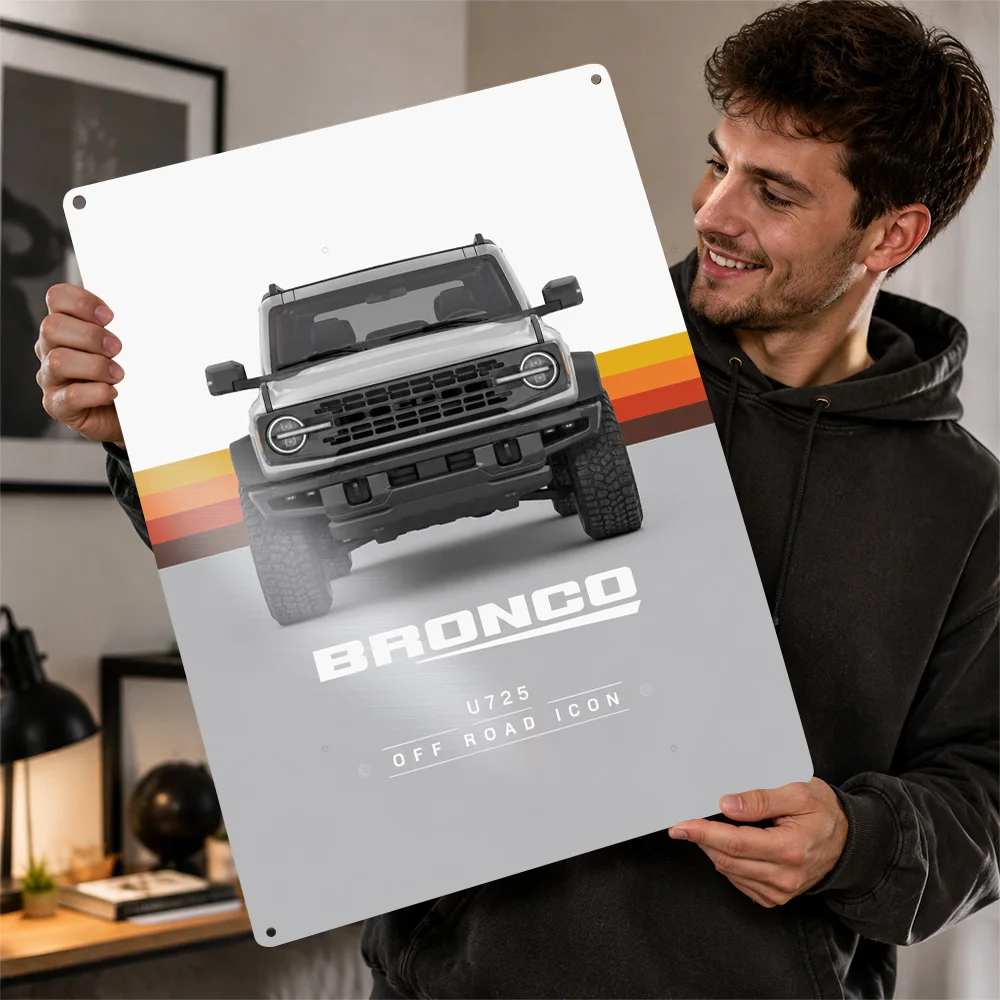 USA Bronco U725 Gray Off-Road Car Printed Poster Personalized Aluminum Metal Sign Bold Terrain Style Wall Art Ideal For Garage
