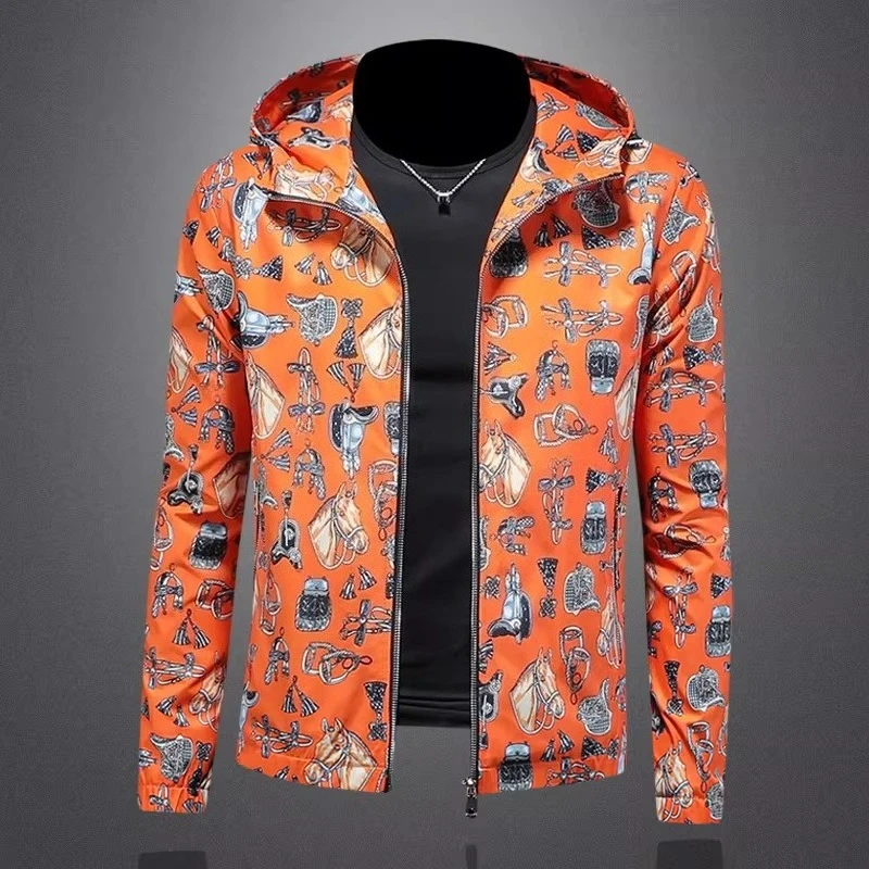 2026 Spring Men's Hooded Jacket Brand Retro Printed Casual Jackets Zipper Business Social Coats Streetwear Men Clothing M-5XL