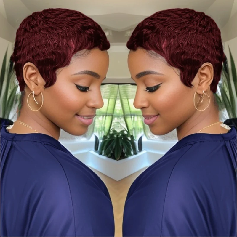 브라질 인모 풀 머신 메이드 가발 짧은 레이어드 픽시 헤어컷 여성용 헤어스타일