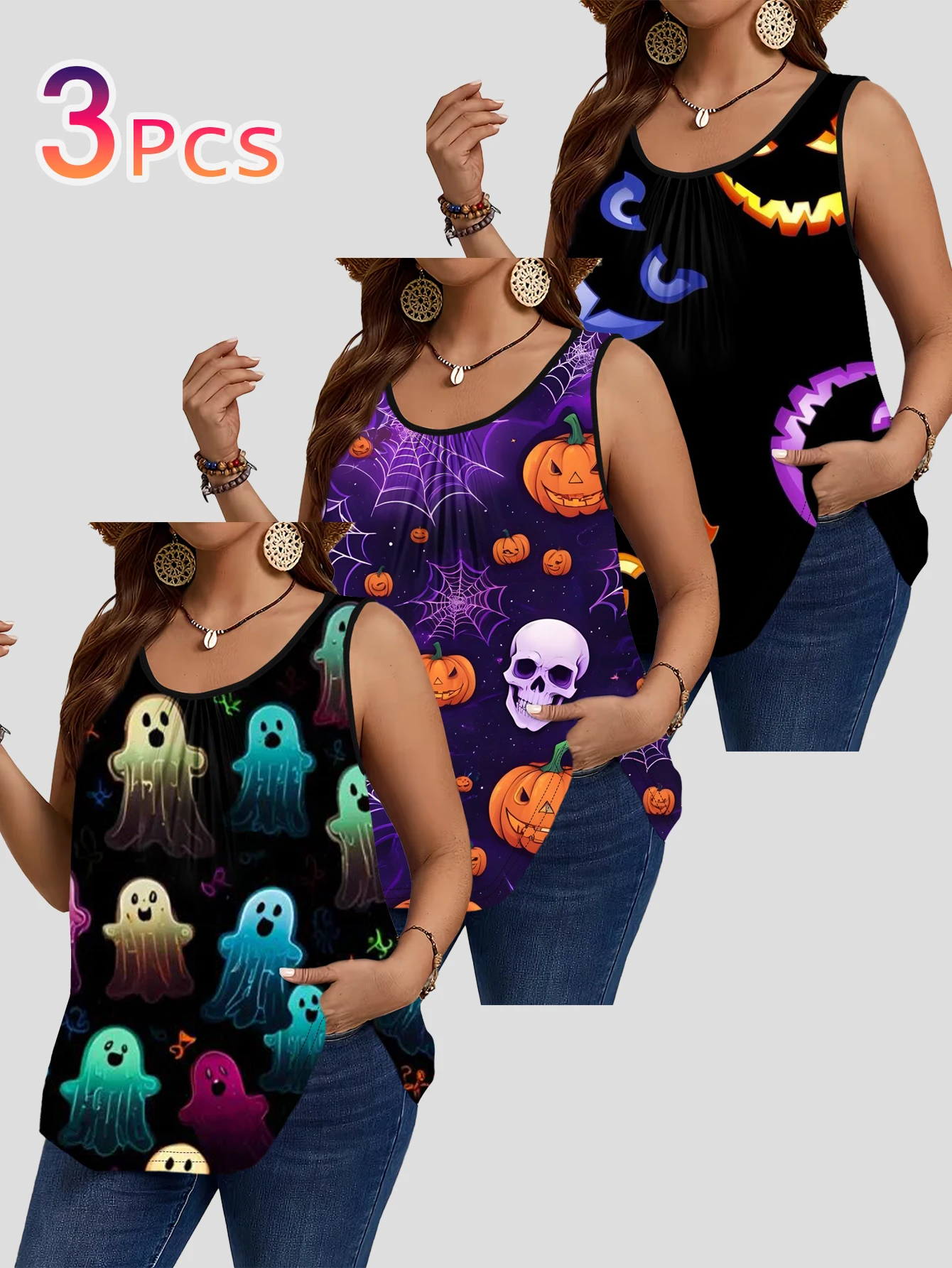 3-Piece Set of Plus-Size Women's Black Base Colorful Gradient Ghost Cartoon Halloween All-Over Print Tank Top, Round Neck Loose Sleeveless Top