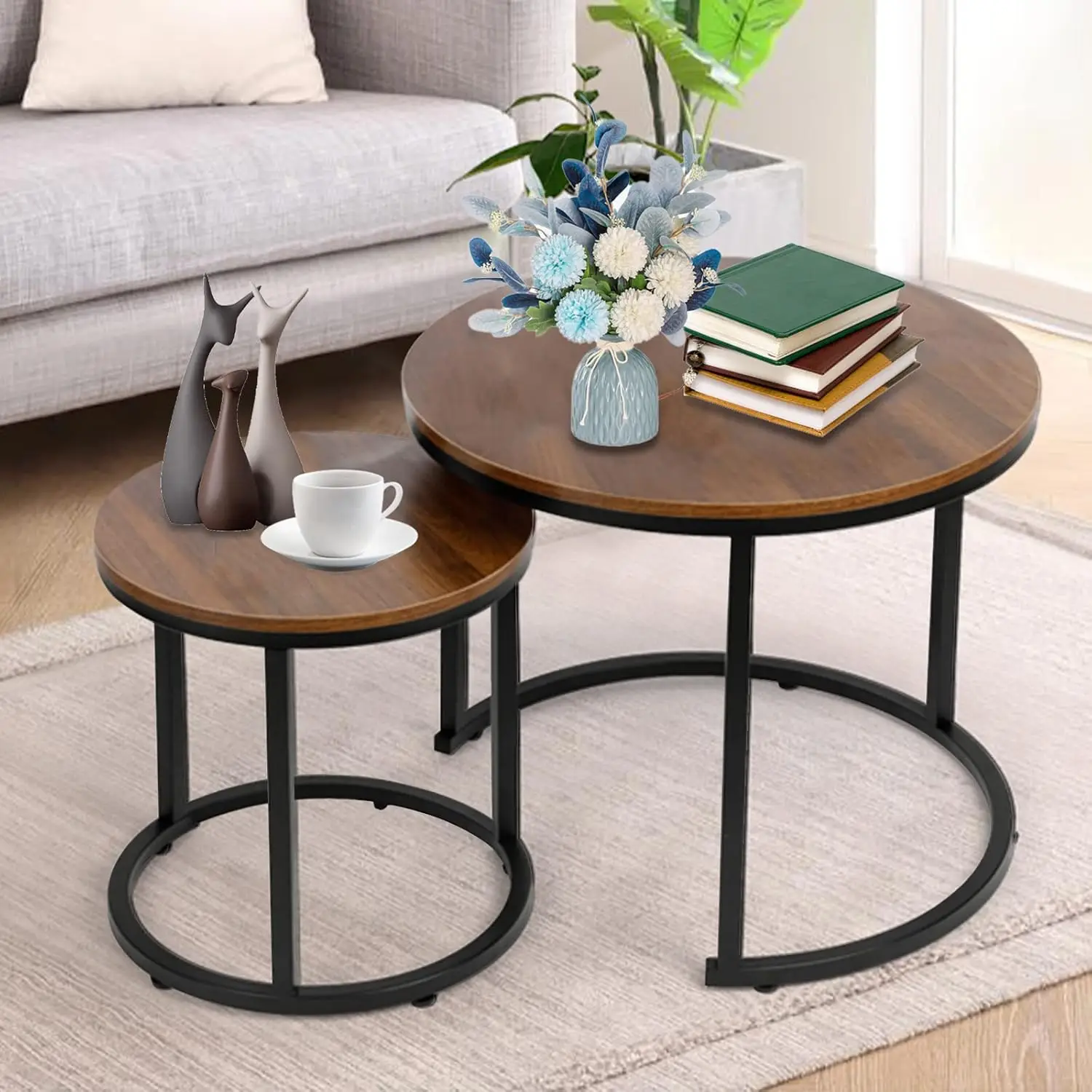 

Coffee Table Nesting Set of 2 Round End Table Accent Side Stacking Tables with Sturdy Metal Frame,