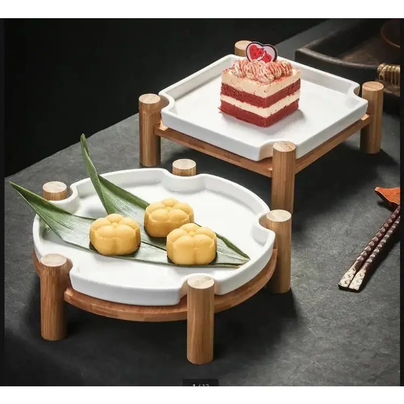 

Nordic Steak Plate Ceramic Dessert Cake Display with Wooden Frame Family Party Barbecue Kitchen Tableware