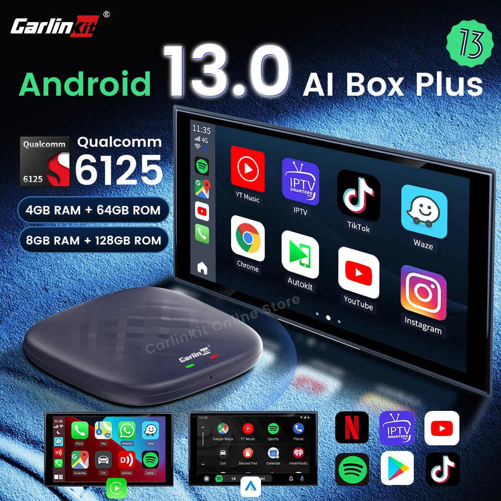 Carlinkit 안드로이드 13 카플레이 Ai 박스 플러스 무선 카플레이/안드로이드 자동 안드로이드 TV 박스 어댑터 프로, Netfilx 유튜브 IPTV 고속