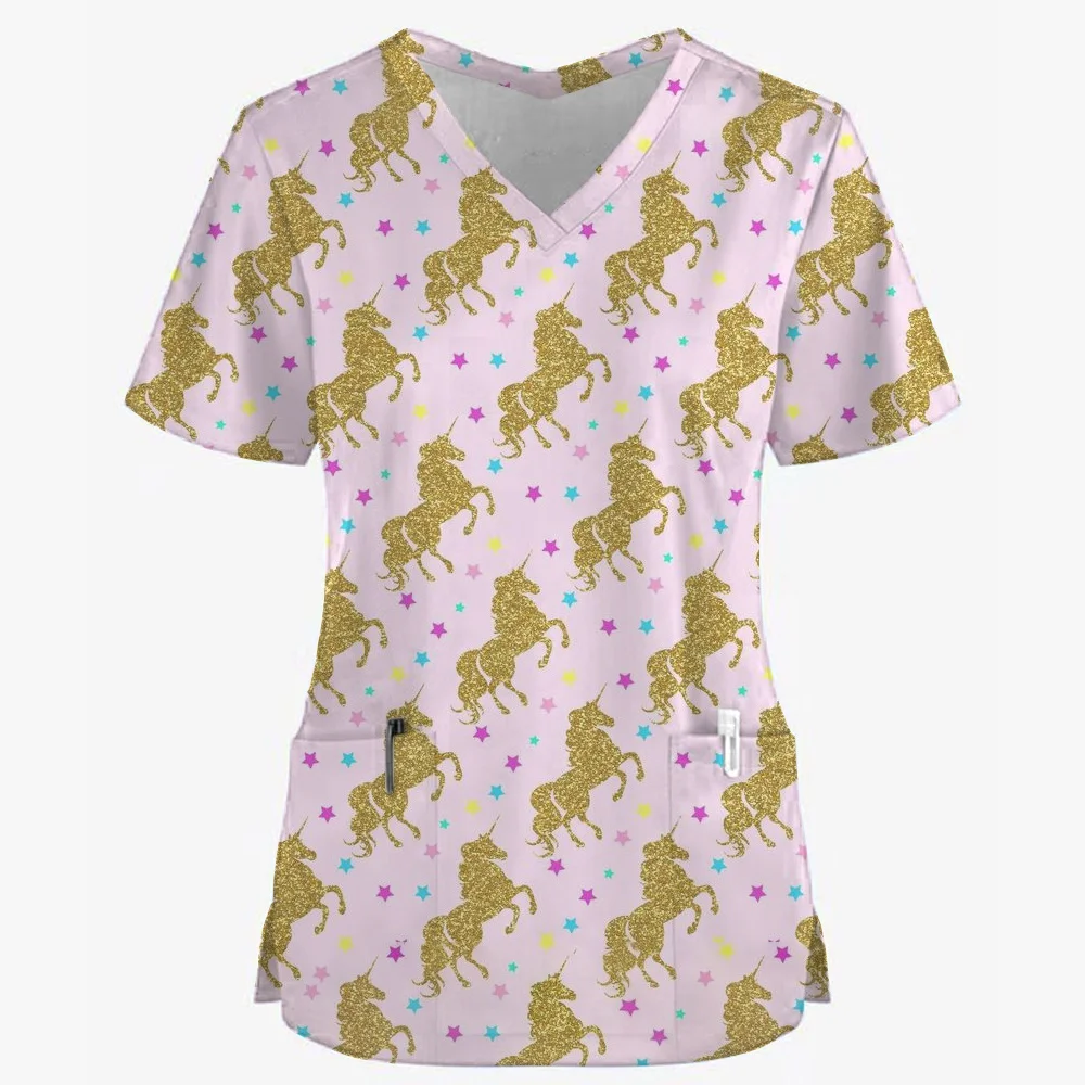 Klinische Uniform Frau Niedlicher Tier-Cartoon-Druck Mode V-Ausschnitt Chirurgische Uniformen Kurzarm Patch Pocket Top Medizinische Kleidung