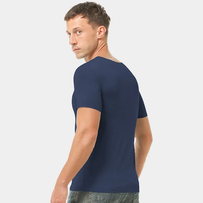 

5pcs Summer Ice Silk seamless men's short-sleeved solid-color T-shirt, V-neck, half-sleeved top, thin base layer, slim underwear