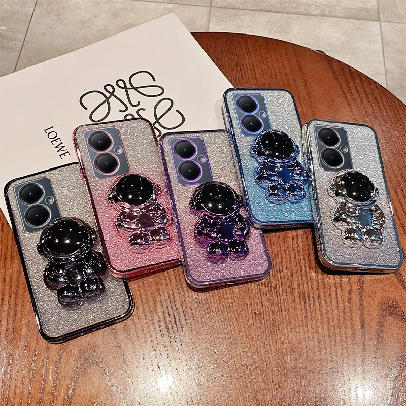 Y27 Y28 4G Astronaut Holder Phone Case For VIVO Y78 Y50 Y95 Y93 Y91 Y77 Y75 Y732 Y72 Y56 Y55 Y51 Y36 Y35 Glitter Back Cover