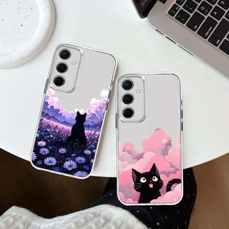 Cartoon Black Cat Pink Clouds For Samsung Galaxy A57 A37 A56 A05 A55 A14 5G 4G Protective Transparent Phone Case Cover
