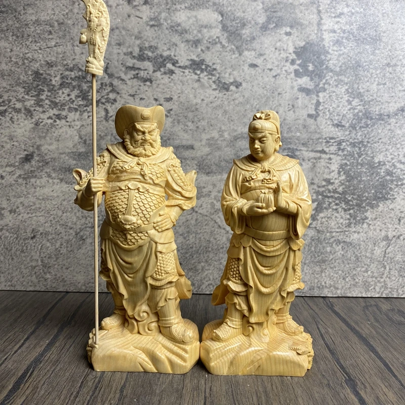 Hand Carved Hinoki Wood Zhou Cang Guan Ping Statues Pair (Set of 2) - Guan Gong Guardians Protector Figures Home Temple Altar