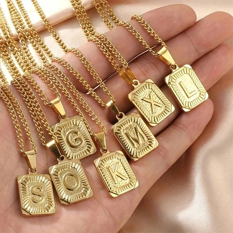 Fashion 26 Letter Gold Color Pendant Necklace for Men Women O Chain Link Charm Square Initial Necklace Choker Jewelry