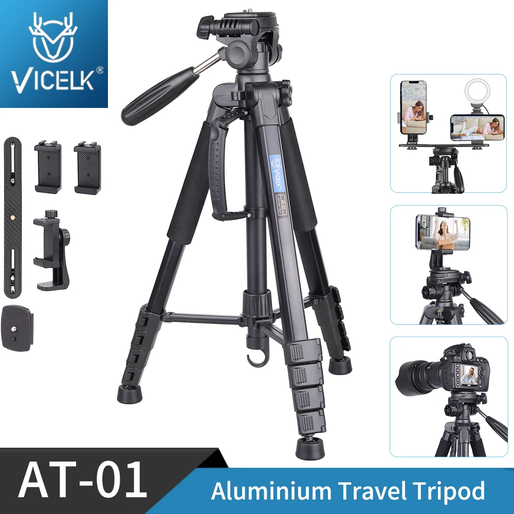 

VICELK AT-01 Camera Tripod Aluminum Lightweight Travel Professional Stand for DSLR Camera, Cellphone, Canon, Nikon, Sony