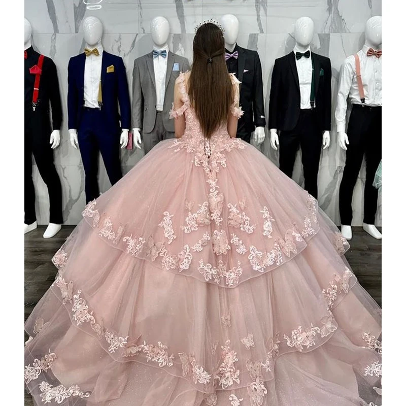 ANGELSBRIDEP-vestido De quinceañera con hombros descubiertos, traje rosa con apliques De flores y cuentas, traje Formal De 15 años para fiesta De cumpleaños y graduación