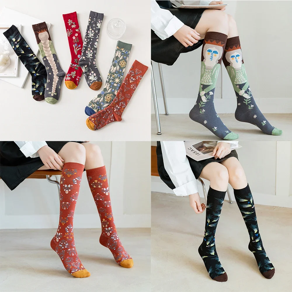 

Cotton Retro Style Oil Painting Abstract Leg Medias Long Socks Women Over KneeThigh High Stockings Ladies Girls Warm Knee Socks