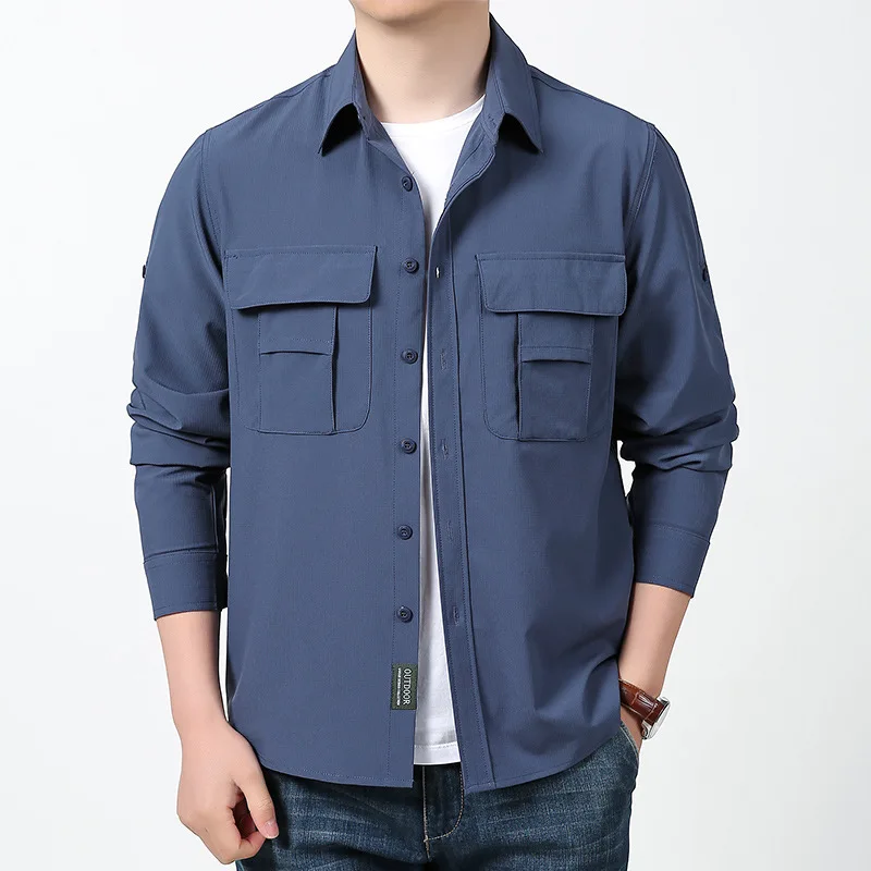 Men Outdoor Long Sleeves Elastic Quick Drying Cargo Shirts Spring Male Multi-pockets Thin Breathable Comfortable Tooling Shirts