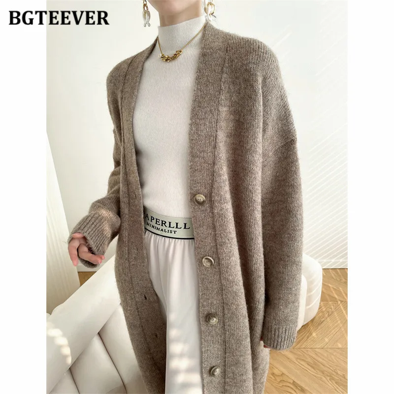 

BGTEEVER Elegant Single-breasted Warm Cashmere Cardigans Women Winter Thicken V-neck Ladies Knitted Sweaters