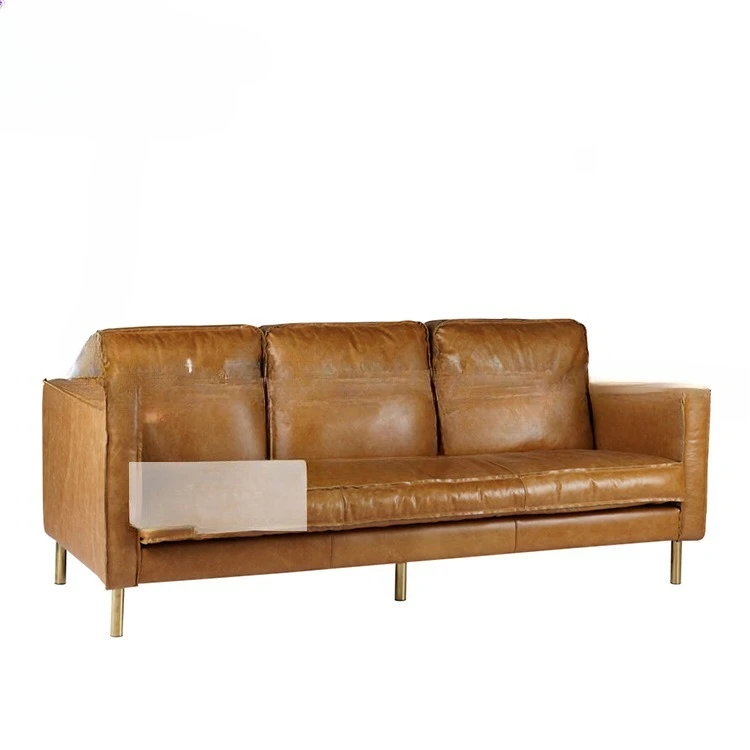 Light luxury genuine leather sofa, living room three-seater extended sofa, antique-style wax leather Italian minimalist