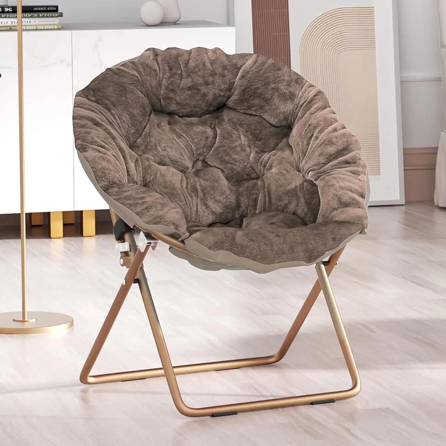 Foldable Oversized Moon Chair, Large Soft Lazy Cozy Comfortable Faux Fur Round Saucer Moon Chair for Teens and Adults,