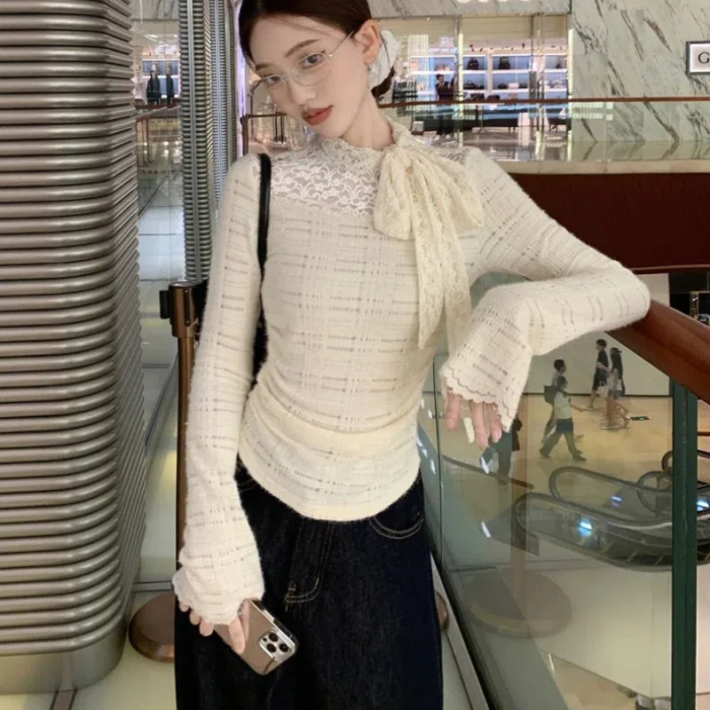Temperament Lace Slim T Shirts Spring Autumn New Long Sleeve Bow Bandage Youth Elegant Short Tops Sexy Fashion Women Clothing