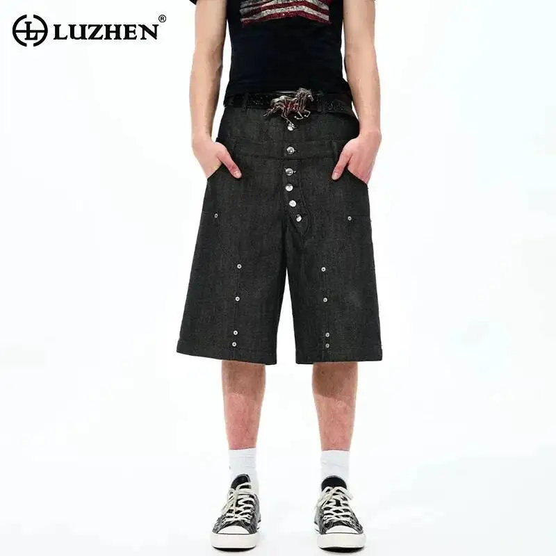 

LUZHEN 2026 New Original Embroidery Letter Slant Buttoned Rivet Metal Decorate Denim Cropped Trousers Men Straight Jeans JY6984