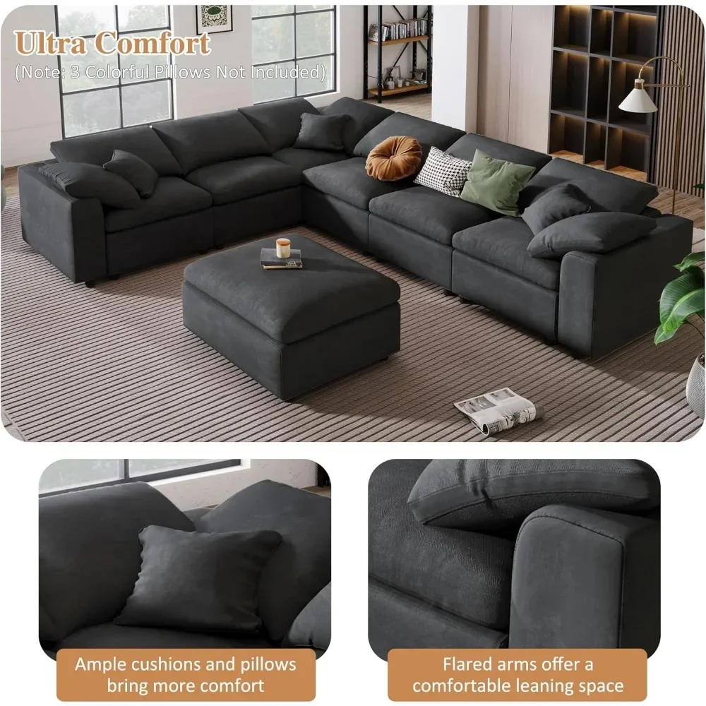 Oversized Cloud Sofa Couch Set, Modern Convertible U Shaped Sectional Couch Large 7 Seater Chenille Corner Sofa with Ottoman