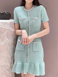 Diamond buttons decorated round neck ruffled knit short dress temperament elegant high waist slim short sleeve Womens dresses