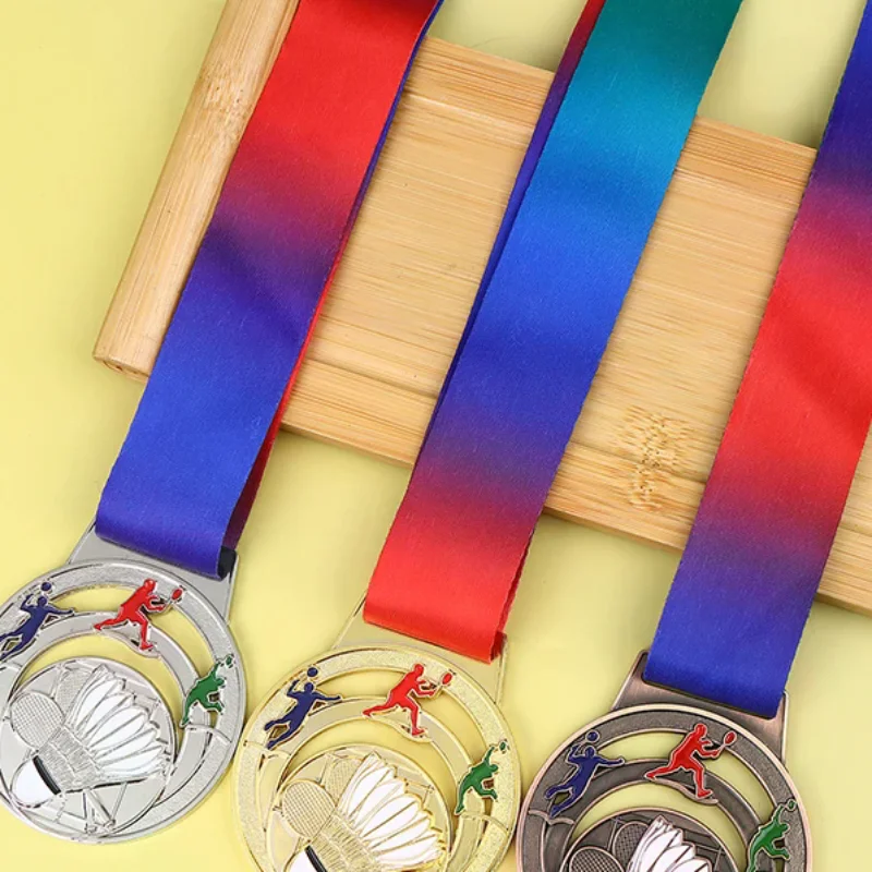 1Pc Metal Badminton Award Medals With Neck Ribbon Gold Silver Bronze Prizes Award Medal For Kids Sports Competition Games