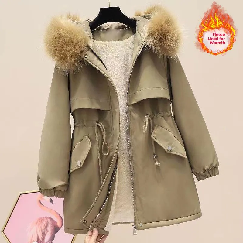

Thickened Fur Collar down Jacket Women's Winter New Large Size Fashionable Waist-Cinching Cotton down Jacket Outerwear