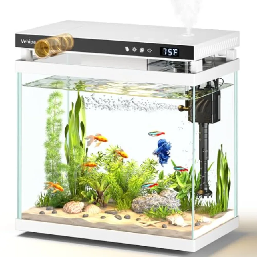 

Fish Tank Aquarium 2.2 Gallon Smart Fish Aquarium Kits with Auto Feeder Silent Water Pump Temperature Display Smart Humidifier