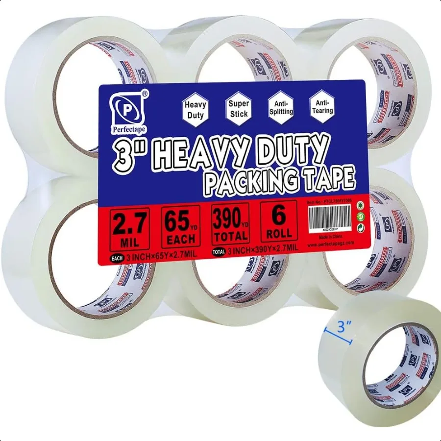 

PERFECTAPE 3 Heavy Duty Packing Tape 6 Rolls Total 390Y Clear 2.7 mil 3 inch x 65 Yards Ultra Strong Refill for Packaging and S