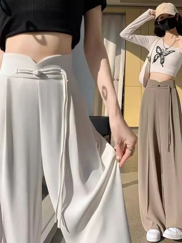 

Весенне-осенние женские брюки с широкими штанинами в китайском стиле, свободные, с высокой талией, стройнящие, повседневные, на пуговицах, в деловом стиле, для офиса