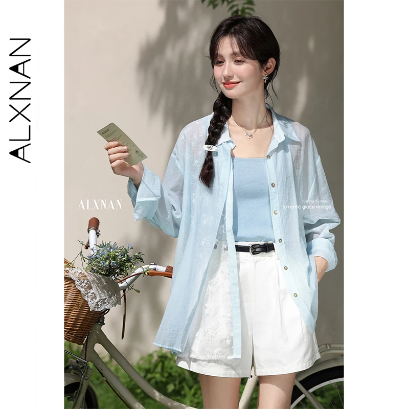 ALXNAN Blaues Hemd, Sonnenschutz, Polokragen, lockere Passform, Langarmhemden, 2025, Sommerurlaub, Strand, lässige Damenoberteile, L56306