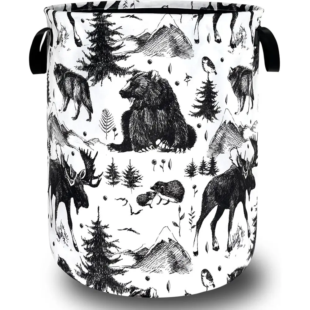 

Portable Foldable Bear Forest Deer Laundry Hamper, Oxford Cloth Basket with Handle, 18.9x16.5 for Rooms