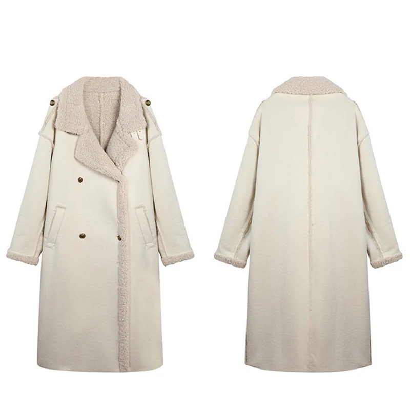 White Lambwool Lined Long Jackets Coats Tops Fall Winter Casual Chaquetas Loose Korea New Jaqueta Women Elegant Fashion Casaco