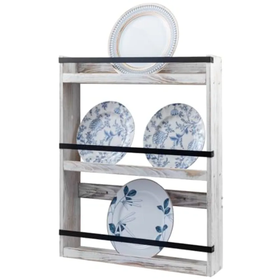 

MyGift Wall Plate Display Rack 3 Tier Farmhouse Whitewashed Wood Wall Mounted Plate Storage Rack Holds 6-10inch Plates
