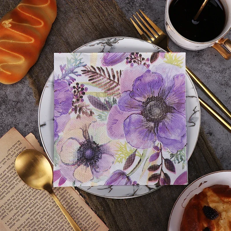 New Purple Flowers Wedding Colourful Napkins Printed Paper Napkins Wedding Decoration Supplies Paper Placemat 20pcs/pac 2-Ply