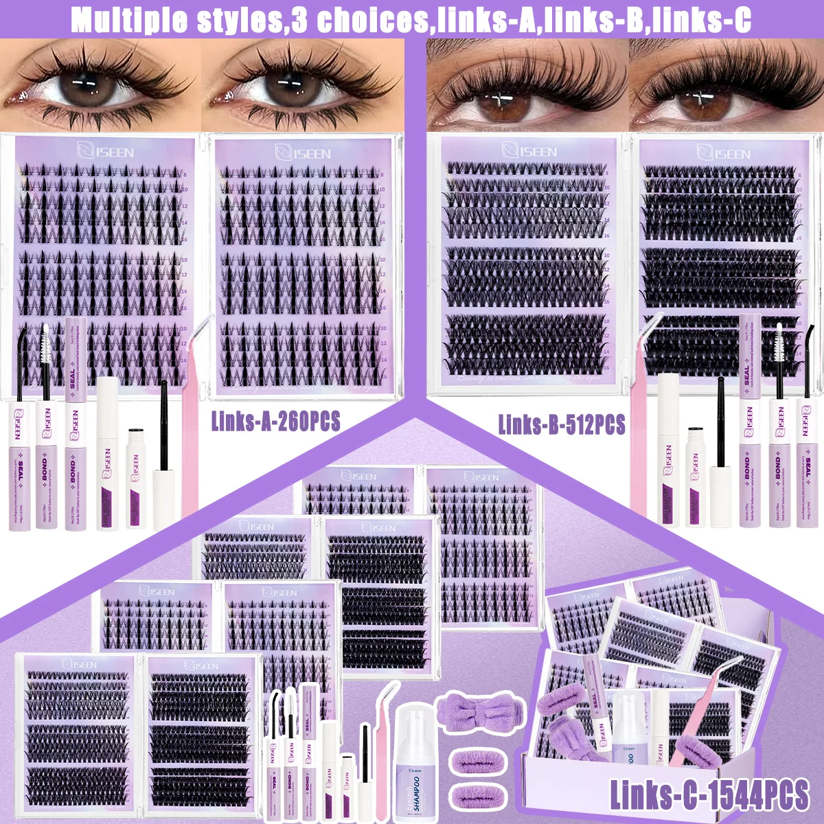 Wimpern-Cluster-Set: Großes Sortiment an Stilen, Wispy Einzelwimpern, Natürliche DIY-Wimpernverlängerungen mit Kleber & Versiegelung sowie Pinzette – Detail 4