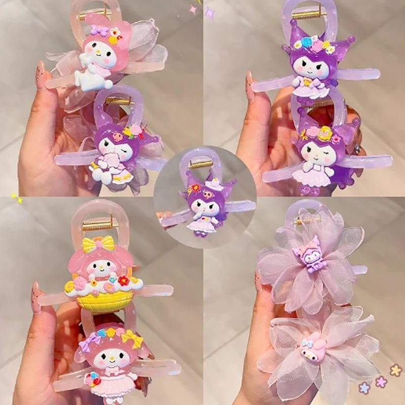 Juego de pinzas para el pelo Sanrio Kuromi, accesorios para el cabello morados de dibujos animados, lazo Kawaii, cinta de seda, flequillo, horquilla, regalo para niña