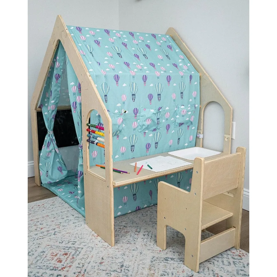 Casetta da gioco per interni 5 in 1 con tavolo da scrivania, sedia, lavagna, cuscino da pavimento e tende - Stile Montessori e Waldorf per