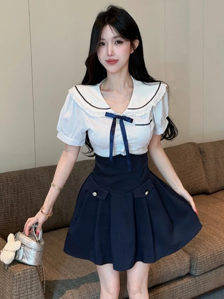 

Sexy Slimming High Waist Navy Collar Lace Stripe Bodycon Top And Skirt Set Fashionable Casual Wear for Young Women