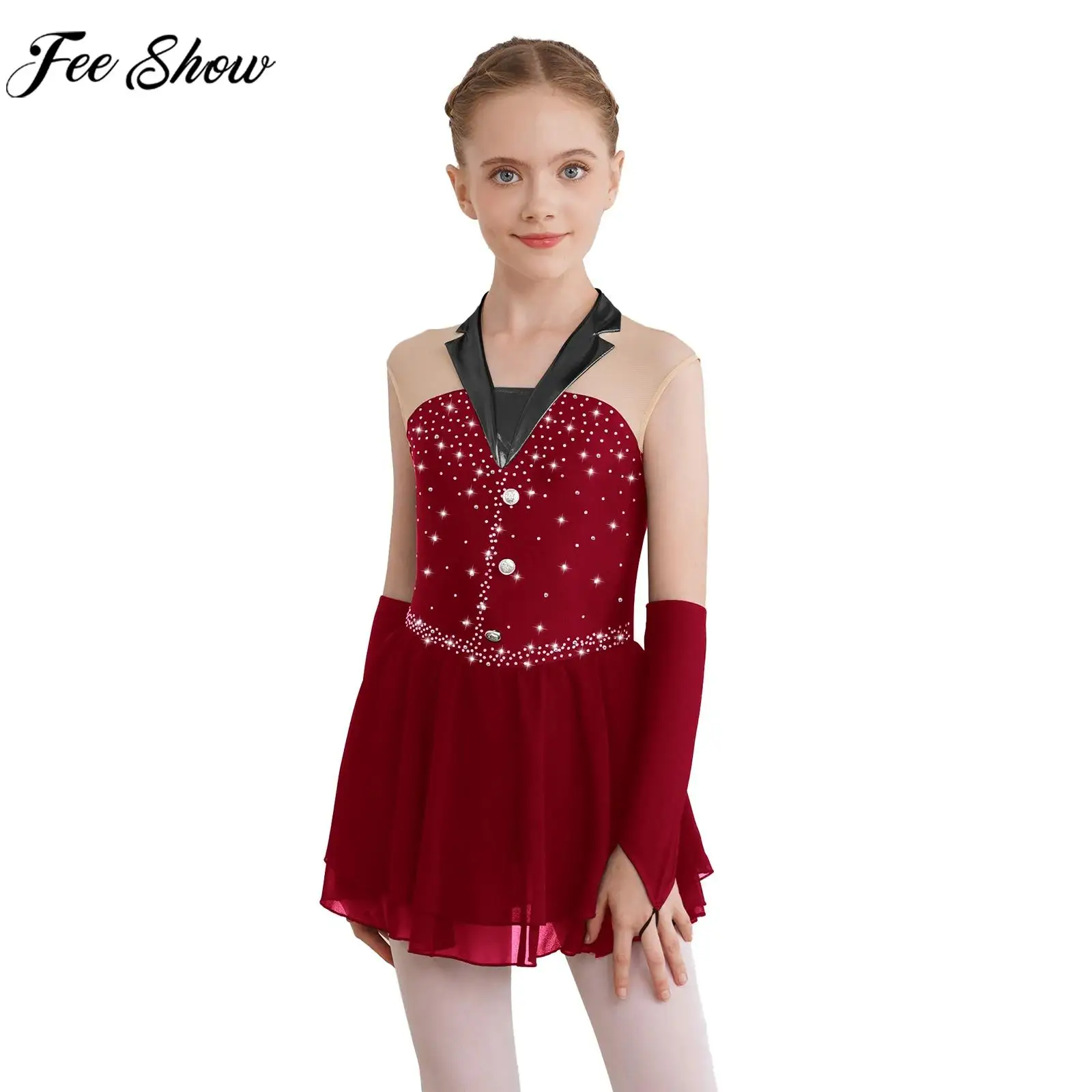 Kids Girls Sleeveless Shiny Figure Skating Leotard Dress with Gloves Ballet Gymnastics Latin Cha-cha Dance Performance Costume