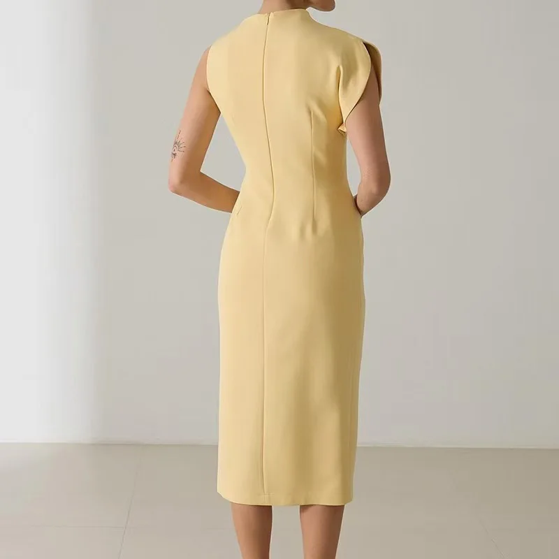 الربيع الصيف بلا أكمام سليم Bodycon الوركين فستان المرأة مثير طاقم الرقبة الجانب الشق مساء فستان أنيق مكتب السيدات فساتين متوسطة الطول