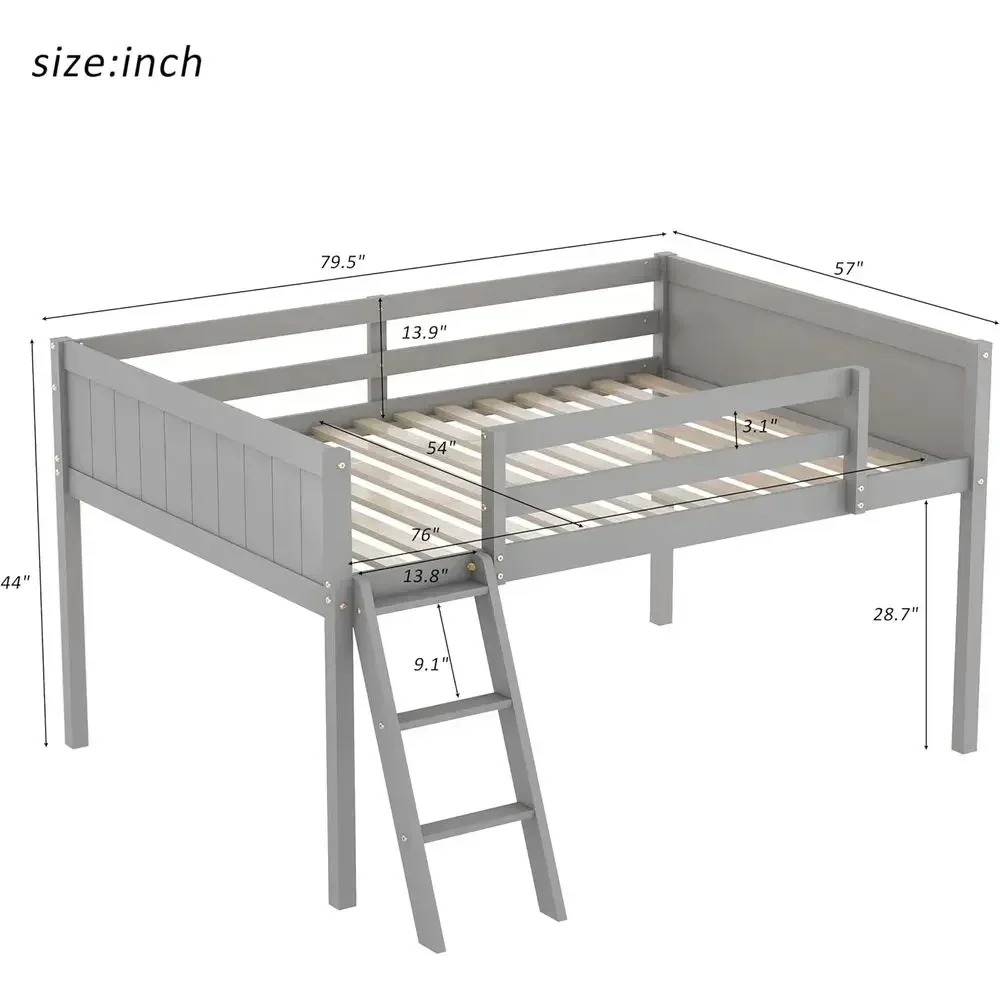 Gray Wooden Full Size Loft Bed with Ladder and Safety Guardrails for Kids and Teens