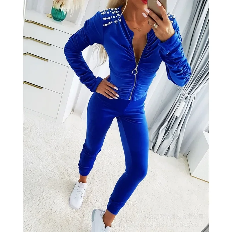 Elegant Women's Two Piece Set 2025 New Fashion Trend Commuting Comfortable Pearl Decoration Zipper Design Top and Pants Set