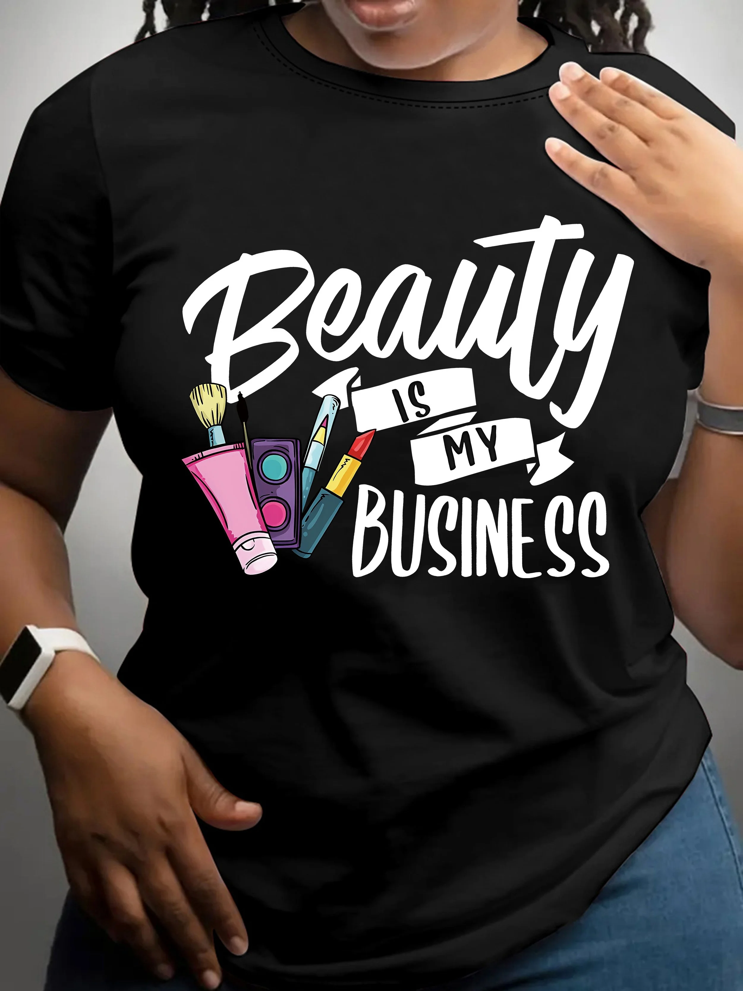 

Women's Tshirt Graphic Beauty Is My Business Casual Crew Neck with Makeup Brush Design Short Sleeve Summer Top Comfortable Fit